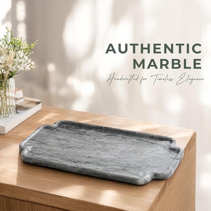 Natural Marble Scalloped Tray 12in Solid Stone Vanity Organizer | Grey Natural Marble Scalloped Vanity Tray 11.8x5.9" Hand-Polished Stone Dish for Candle, Jewelry, Bathroom Decor