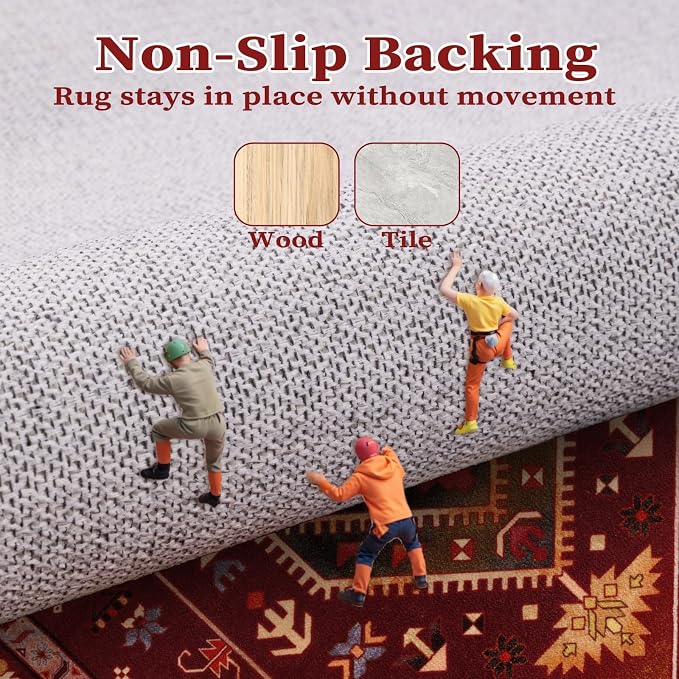 SERISSA 5x7 Washable Non Slip Boho Area Rug for Living Room | Ultra Soft Vintage Oriental Carpet Low-Pile Rustic Red Gold Throw Carpet for Bedroom Dining Room Dorm Office Home Decor