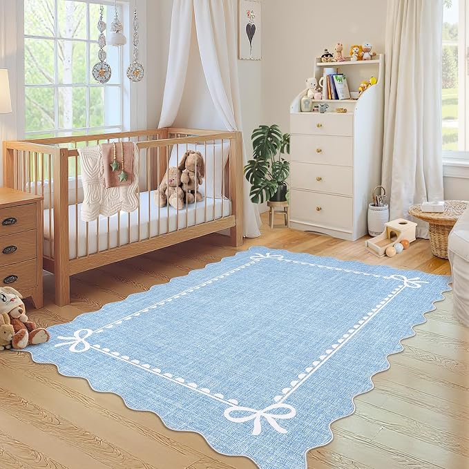 GarveeHome Scalloped Bow Rug 3x5 Washable Blue Rugs for Bedroom Living Room | Non Slip Soft Low Pile Indoor Carpet for Nursery Girls Bedroom Decor Hallway Kids Room College Dorm Playroom