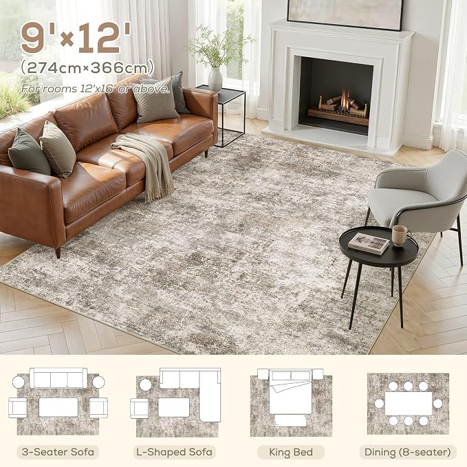 Nakagishi 9X12 Abstract Washable Area Rugs for Living Room-Brown | Modern Non-Slip Silicone Backing Low Pile Soft Carpet for Bedroom Dining Decor Ideal for Families with Kids and Pets