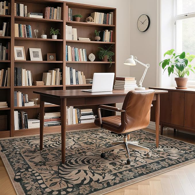 LIVEBOX Washable Tiger Area Rug 5x7, Non-Slip Boho Jungle Rug for Living Room, Vintage Animal Floor Carpet for Bedroom Dining Room Home Office Dorm (Taupe)