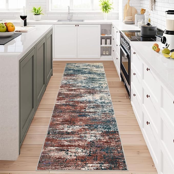 ROYHOME Washable Runner Rug 2x6 Modern Abstract Kitchen Rugs, Red Multi | Non Slip Bathroom Rug, Low Pile Laundry Room Soft Long Carpet for Hallway Bedroom Entryway