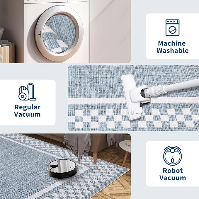 GarveeHome Rug Runners for Hallways 2x8 Washable Kitchen Runner Rug | Non Slip Low Pile hrow Carpet Modern Bordered Bathroom Checkered Area Rug for Living Room Bedroom Entryway Nursery, Blue