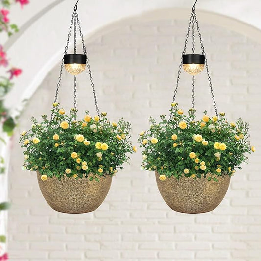 SUNNYPARK 2 Packs Hanging Planters Basket for Outdoor Plants, Solar Powered Self Watering Copper Round Plastic Flower Pots with Drainer for Balcony Patio Garden Outdoor Decoration