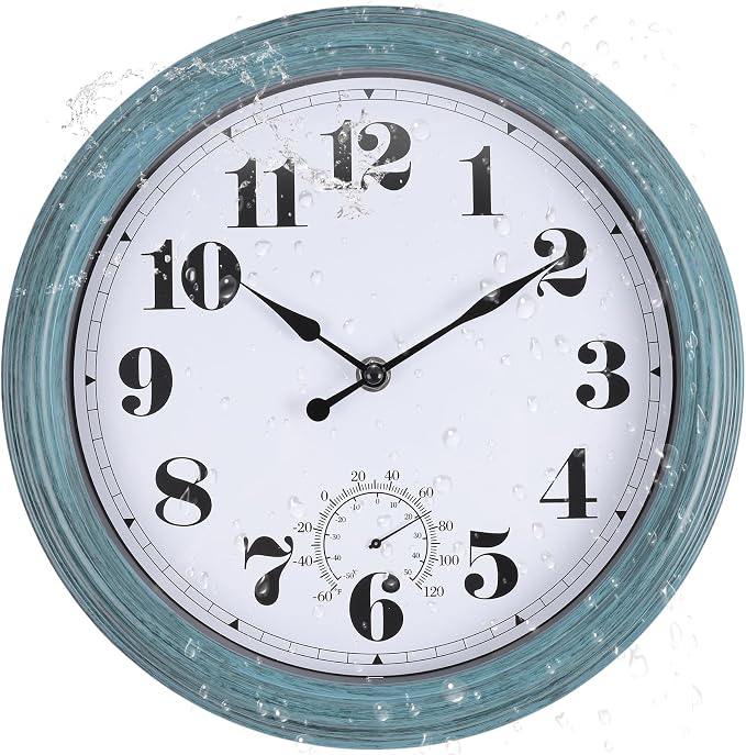 Outdoor Clock Waterproof 14 Inch Outdoor Clocks with Thermometer Combo Wall Clock Battery Operated Non-Ticking Green Clocks for Patio Pool