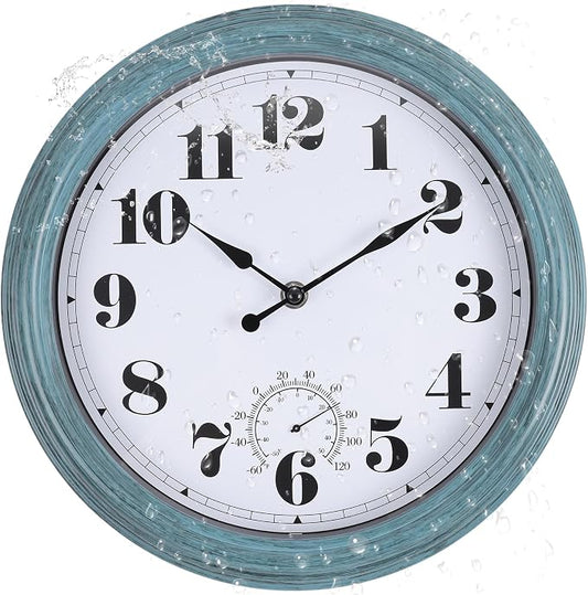 Outdoor Clock Waterproof 14 Inch Outdoor Clocks with Thermometer Combo Wall Clock Battery Operated Non-Ticking Green Clocks for Patio Pool