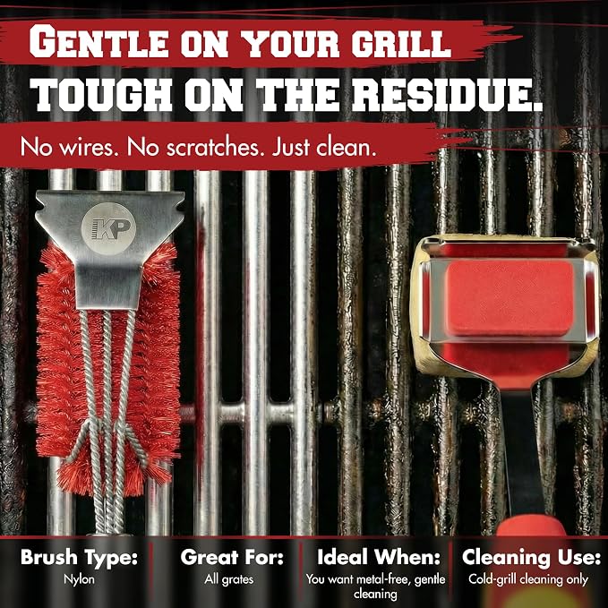 Kitchen Perfection Nylon BBQ Grill Cleaning Brush and Scraper -GrillSaver | Safe Nylon Wire Bristles for Porcelain & Ceramic Grates, Replaceable Head, Magnetic Hanger, Bottle Opener & 3 Ebooks