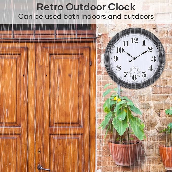 Outdoor Wall Clock 12 Inch Waterproof Outdoor Clocks with Thermometer Wall Clock Battery Operated Non-Ticking for Patio Pool Garden(12Inch, Dark Black)