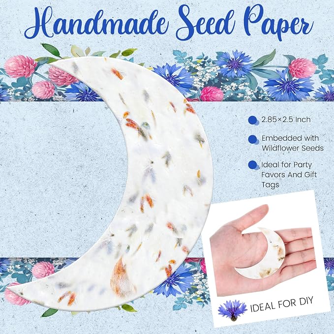 Dunzoom 50 Pcs Handmade Seed Paper Plantable Wildflower Seed Paper Recycled Flower Petals Tags Wedding Favors for Guests Craft Gifts Cards for Envelope Birthday Party, 5 Styles (Moon)
