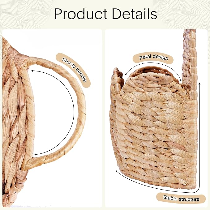 Door Basket Scalloped Hanging Storage Basket,Water Hyacinth Woven Wall Baskets for Front Door Decor, Hangable Storage Organize for Flowers,Planter,Mails,Wicker Baskets for Organizing Garden - S