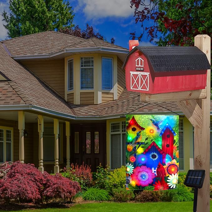Welcome Lighted birds garden flags 12X18 double sided solar | small yard flag, lawn home spring solar decoration