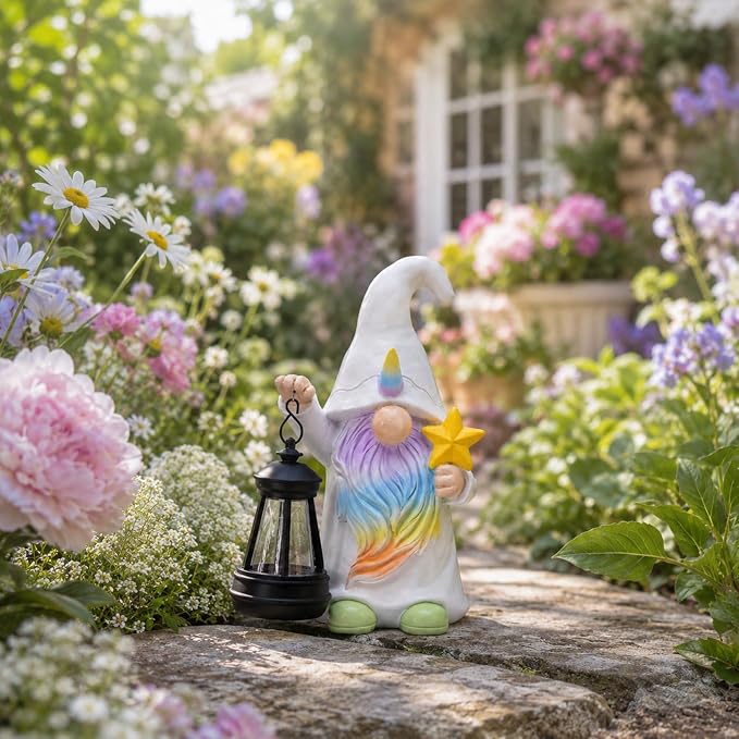 Solar Garden Gnome Statue : Unicorn Outdoor Lantern Decor | Waterproof Resin, Figurine Lights,Yard Lawn Porch Balcony Patio Home Decorations, Gifts for Mom Women Grandma