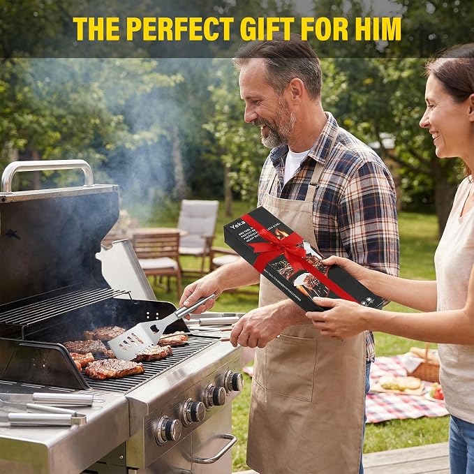 Yekale BBQ Grill Accessories Set, Grill Tools Grilling Accessories Grilling Gifts for Men - Spatula, Fork, Brush, Tongs & Cleaning Brush - Outdoor Barbecue Utensils Gifts for Men Dad Him (Sliver)