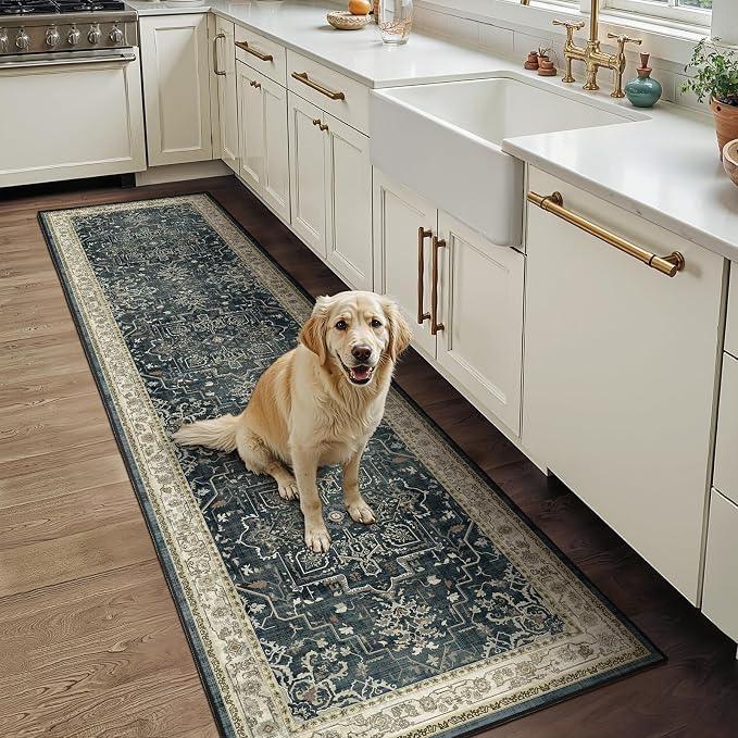 Medallion Hallway 2x8 Runner Rug, Washable Non Slip Entryway Runner Indoor, Low Pile Thin Vintage Distressed Carpet Runners 8ft for Kitchen/Bedroom Bedside/Laundry Room/Bathroom, Midnight/Multi