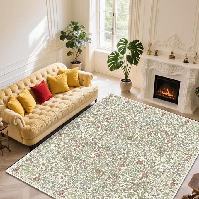 Extra Large 10x14 Area Rug for Living Room, Washable Rugs for Dining Room, Bedroom, Non Slip Stain Resistant Carpet, Low Pile Vintage Floral Rug (Light Green)