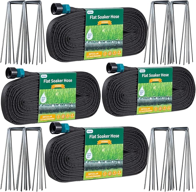 Hlinker 2026 Flat Soaker Hose 200 ft (50ft 4Packs) with Stake for Garden, Linkable Drip Hose Diy Automates Garden Irrigation System Saving 90% Water, Dual-layer Leak-free Design Water Hose with Holes