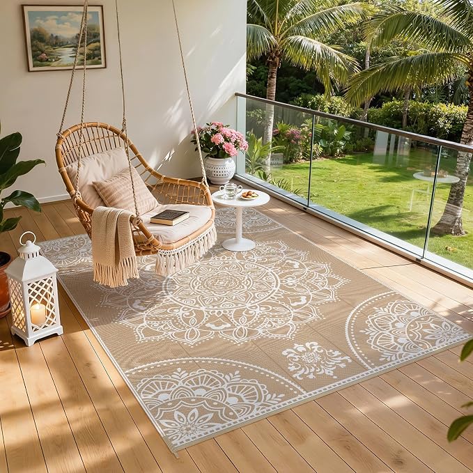 Pauwer Waterproof Outdoor Rug 6x9, Reversible Plastic Straw Patio Camping Rug, Indoor Outdoor RV Mat Carpet for Deck, Camper, Porch, Balcony, Backyard, Picnic, Floral Brown