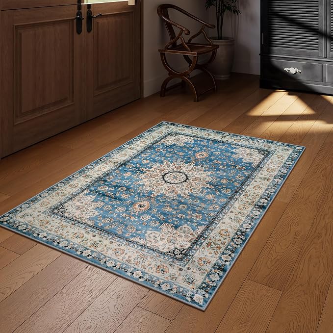 Lahome Felice Oriental Floral Medallion Area Rug - 3x5 Blue Distressed Entry Throw Rug Vintage Faux Wool Indoor Accent Rug Non-Slip Washable Low-Pile Carpet for Entrance Living Dining Room Bedroom