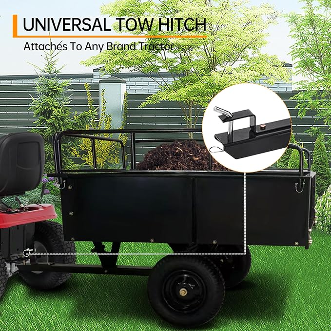 GarveeTech 750LBS Heavy Duty ATV Trailer Tow Behind Steel Dump Cart, 15 Cu. Ft Garden Utility Trailer with Removable Sides & Rear Hitch for Riding Lawn Mower Tractor, Black