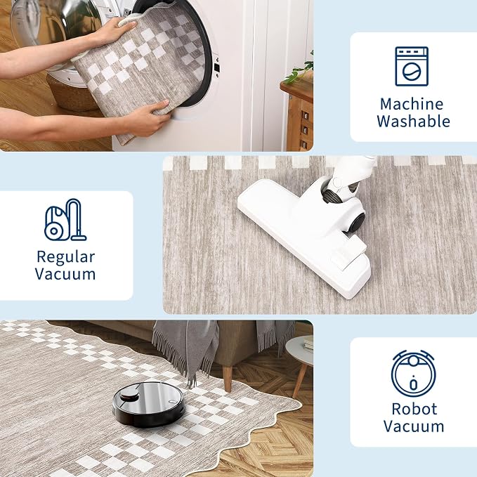 GarveeHome Area Rug 6x9 Large Living Room Modern Border Throw Rug | with Rubber Backing Stain Resistant Dining Room Throw Carpet Washable Scalloped Rug for Bedroom Home Decor Office, Fog