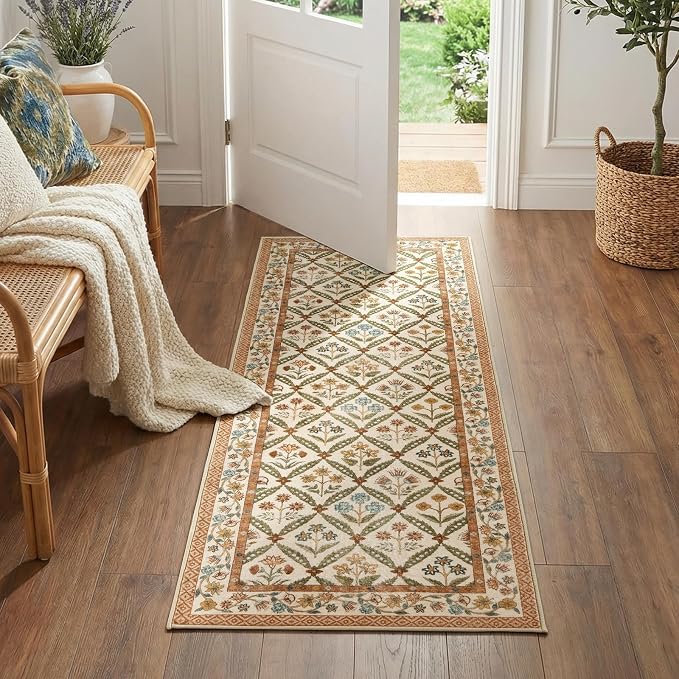 jinchan Runner Rug 2x5 Vintage Floral Washable Hallway Area Rug, Terracotta | Soft & Lightweight, Checkered Floral, Low Pile, Non Slip, Entryway, Kitchen, Bedside, Laundry Room, Cottage Decor