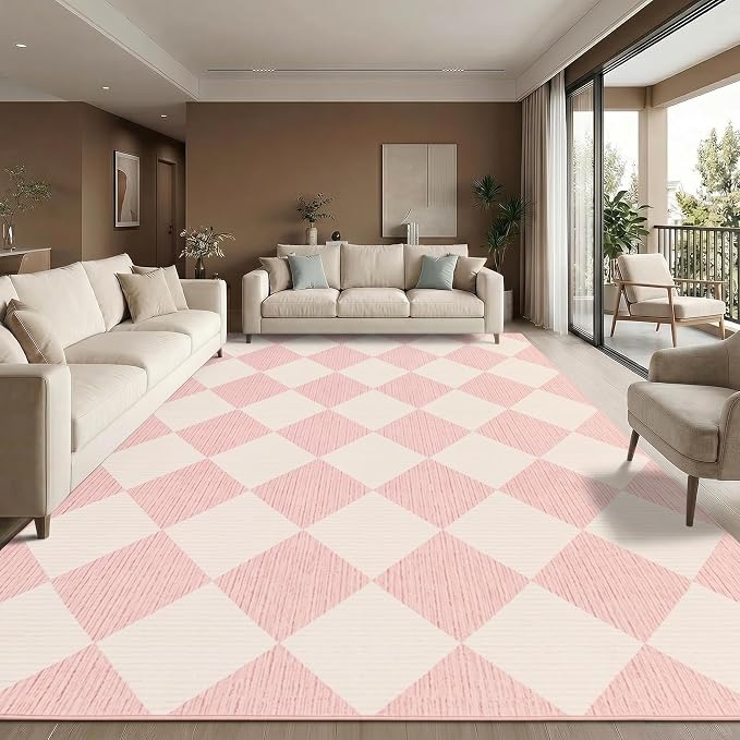 GarveeHome Large Area Rug 9x12 Pink Living Room Checkered Washable Rug | Large Diamond Non Slip Backing Floor Mat Indoor Soft Thin Carpet for Bedroom Dining Room Playroom Nursery Home Decor