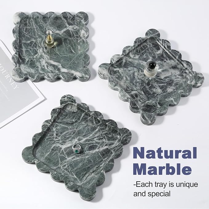 Marble Decorative Tray, Green Square Scalloped Vanity Tray for Coffee Table Decor, Vintage Jewelry Trinket Dish for Rings Earrings, Unique Natural Necklaces Holder for Mom, Nightstand Tray