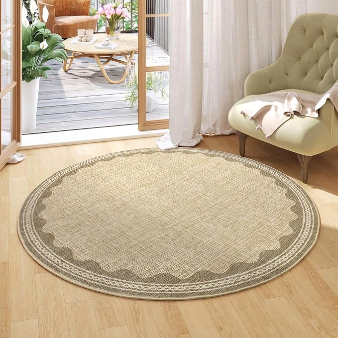 GarveeHome Scalloped Jute Print 4 ft Round Rug Washable Non-Slip Soft Ultra-Thin Small Circle Modern Cottage Core Solid Tan Carpet for Entryway Kitchen Bedroom Nursery Dining Room Tan