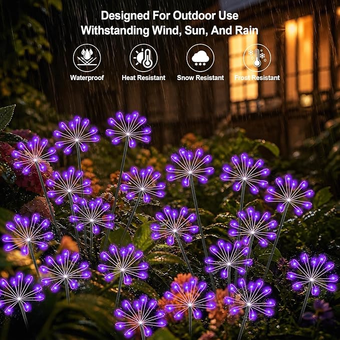 Solar Garden Lights Outdoor, Upgraded Solar Swaying Starburst Light Waterproof with 2 Modes, Solar Fairy Firework Lights for Yard Patio Pathway Flowerbed Balcony Garden Decoration (Purple, 4 Pack)