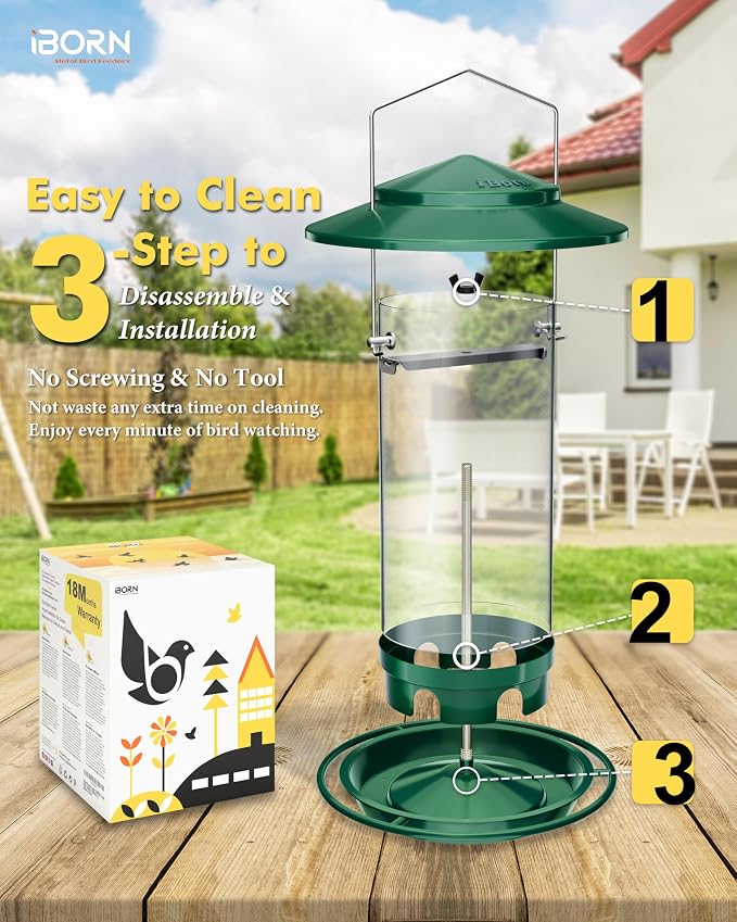 iBorn Metal Bird Feeders for Outdoors Hanging,Wild Bird Feeders for Cardinal,18cm Large Roof &Tray New Green 6 Port (Seed is not Included)