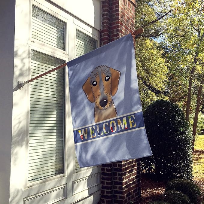 Caroline's Treasures BB1419CHF Wirehaired Dachshund Welcome House Flag, Blue Large Porch Sleeve Pole Decorative Outside Yard Banner Artwork Wall Hanging, Polyester, House Size, Multicolor