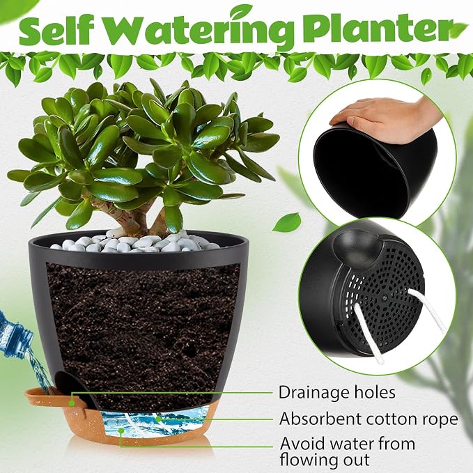 Remerry 15 Pcs 7/6.5/6/ 5.5/5 Inch Self Watering Planters with Drainage Hole Plant Pots Plastic Flower Pots Self Watering Pot and Saucer Reservoir for Garden Plant Flower(Black)