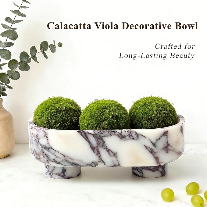LIN CHUAN Natural Oval Marble Fruit Bowl for Kitchen Counter | Two-Legged Decorative Pedestal Bowl for Dining Table Decor, 10" Luxury Entryway Catchall Purse Bowl - Calacatta Viola
