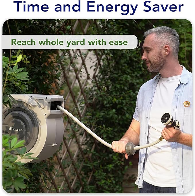 72 FT x 5/8" Retractable Garden Hose Reel by HOZEREEL, Outdoor Garden Hose Reels - Automatic Self Retract Wall Mount Hose Reel Enclosed Storage, Any Length Lock, 10 Pattern Nozzle-Grey
