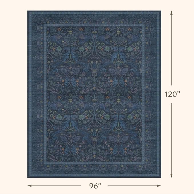 Navy Blue 8x10 Large Rugs for Living Room, Machine Washable Soft Dark Blue Area Rugs for Bedroom, Low Pile Carpet with Vintage & Boho Décor Floral and Botanical Pattern
