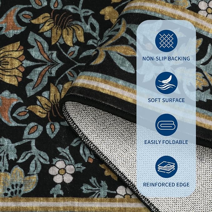 GarveeHome Washable 2x6 Hallway Runner Rug Non Slip Kitchen Rugs Blue Black | Boho Vintage Runner Rugs with Rubber Backing Soft Low-Pile Stain Resistant Indoor Long Carpet for Entryway Bedroom Laundry