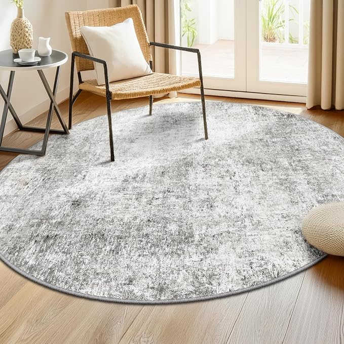 RELEANY Washable Round 6ft Area Rug for Living Room Gray White | Carpet for Bedroom, Kitchen, Office, Hallway and Entryway, Printed Pattern, Non‑Slip, Soft, Stain‑Resistant, Easy to Clean