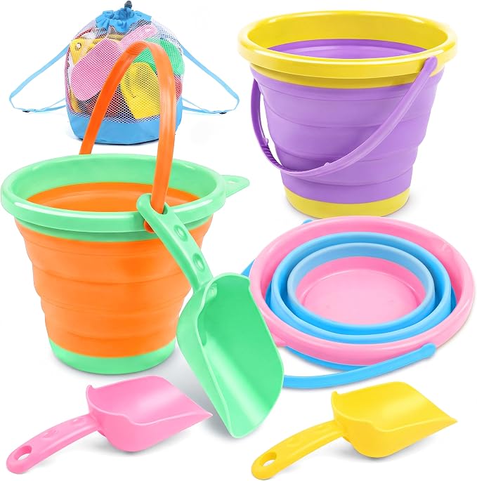 JOYIN 3 Packs Foldable Pail Bucket with Shovels & Mesh Bag, Collapsible Buckets Multi Purpose for Beach, Camping Gear, Beach Party, Fishing, and Fun Summer Activities (Orange/Blue/Purple)