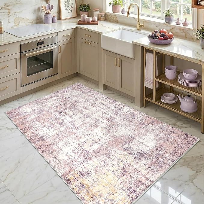 Abstract Area Rug 3x5 Ft Washable Rugs for Entryway Indoor | Pink Non Slip Kitchen Rug Printed Faux Wool Throw Rugs, Neutral Modern Indoor Mat for Entrance Bedroom Office Home Decor