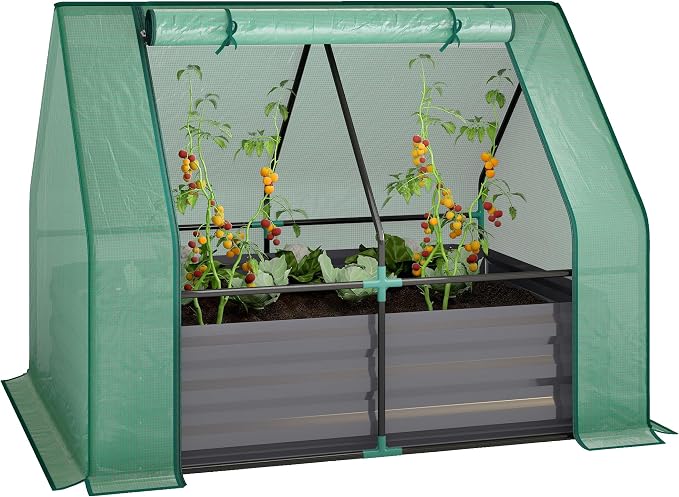Outsunny 4 x 3ft Metal Planter Box with Mini Greenhouse, Galvanized Raised Garden Bed with Cover for Herbs and Vegetables, Small Greenhouse for Patio Garden Balcony, Green and Dark Gray