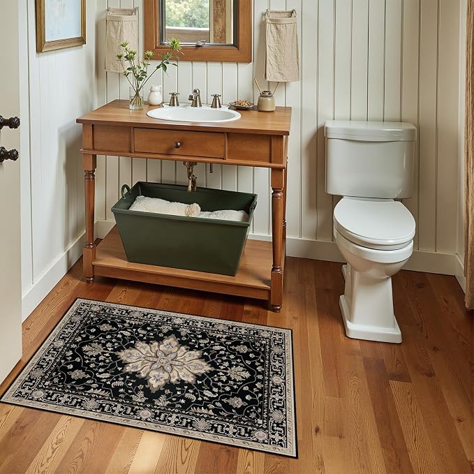 RELEANY Washable Area Rug, Small 2'x3', Black/Neutral | Non-Slip, Water Repellent, Pet Friendly, Easy to Clean, Vintage Floral Boho Decor for Kitchen Entryway Bathroom