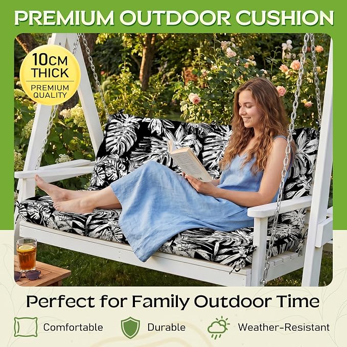 Outdoor Swing Cushion with Backrest, Tie Straps & Memory Foam - Replacement for Porch Bench 2/3 Seater, Oxford Fabric (Black & White, 60 INCH × 40 INCH)