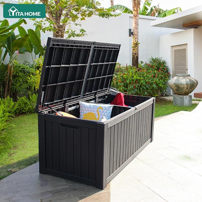 YITAHOME 180 Gallon Large Deck Box w/Divider | XL Waterproof Outdoor Storage for Patio Furniture,Outdoor Cushions, Garden Tools, Sports Equipment and Pool Supplies, Resin