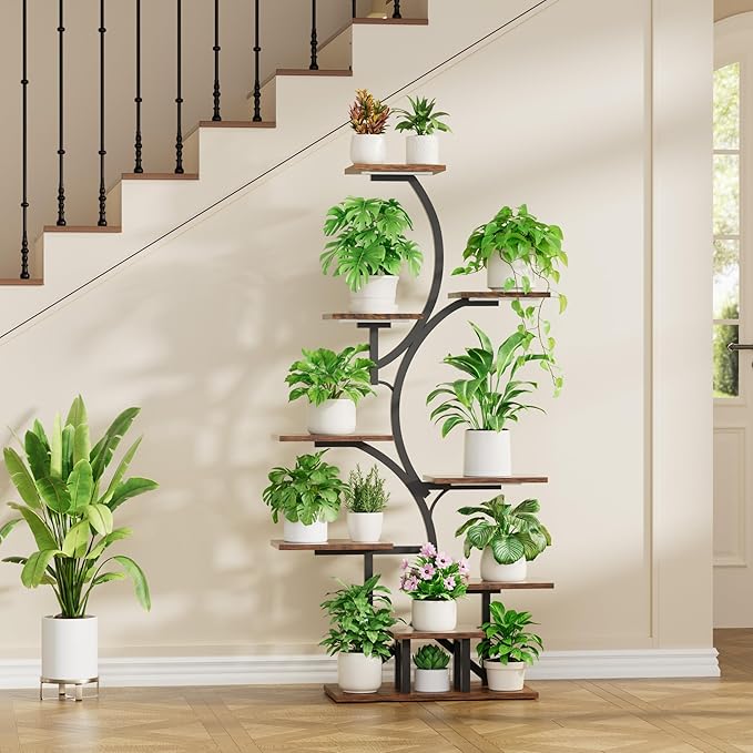Plant Stand Indoor with Grow Light: Lighted Plant Stands 56.5" Tall, 9 Tiered Large Plant Shelf for Indoor Growing, S-Shaped Flower Holder Display for Multiple Plants, Living Room, Patio (Black)