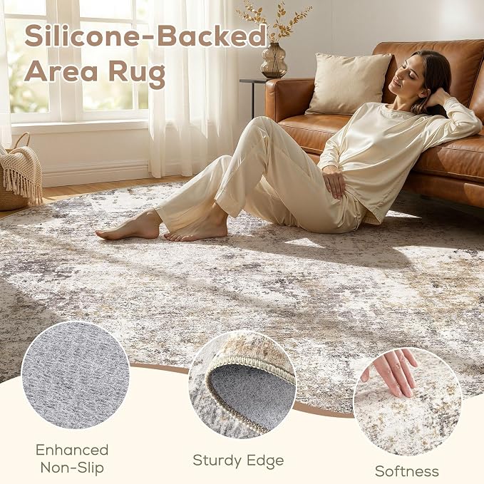 Nakagishi 8X8 Abstract Washable Area Rugs for Living Room-Golden Brown | Modern Non-Slip Silicone Backing Low Pile Soft Carpet for Bedroom Dining Decor for Families with Kids and Pets