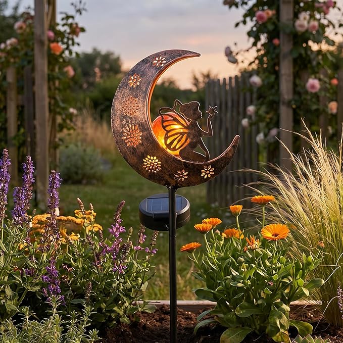 TERESA'S COLLECTIONS Garden Decor for Outside, Moon Fairy Garden Accessories for Outdoor Decor, 32'' Solar Lights for Yard Decorations Outdoor, Metal Yard Stakes for Lawn Patio Porch Gifts for Mom