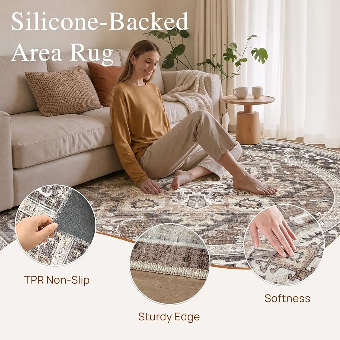 Round Washable Area Rug 8ft, Boho Vintage Distressed Oriental Medallion, Neutral Blue, Thin Carpet for Living Room Bedroom Home Office Decor -Dark Brown