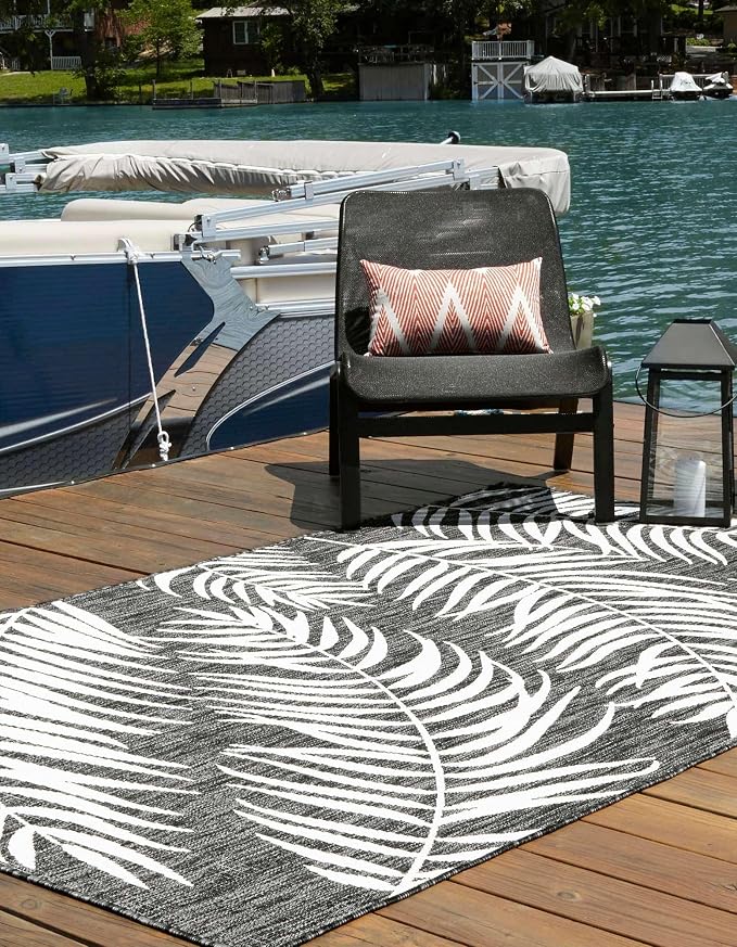 Unique Loom Outdoor Botanical Collection Area Rug - Palm (10' x 13' 1" Rectangle Charcoal/Ivory)