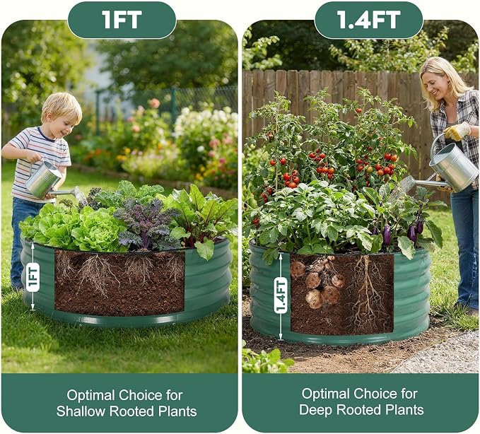 Galvanized Raised Garden Bed Outdoor, Round Metal Planter Boxes 2 Pcs, 3x3x1.4ft Steel Raised Bed Kit for Planting Vegetables, Fruits, Flowers(LotusGreen)