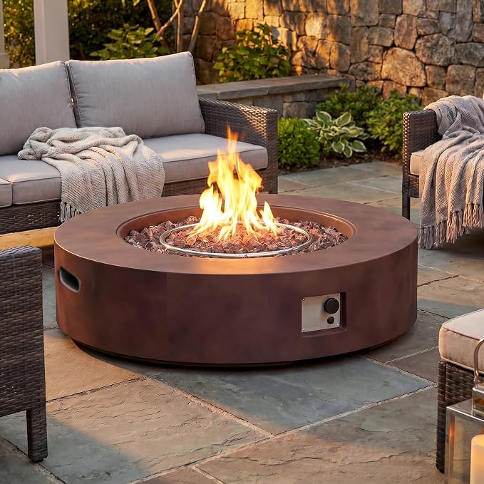 COSIEST Outdoor Propane Fire Pit Coffee Table w Dark Bronze 42 inch Round Base Patio Heater, Certified, 50,000 BTU Stainless Steel Burner, Free Lava Rocks, Waterproof Cover